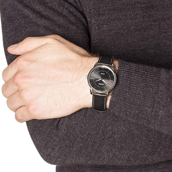 Mtp Men's Silver Alloy Watch, Black Leather Strap | Mtp-1303pl-1a by i-watch
