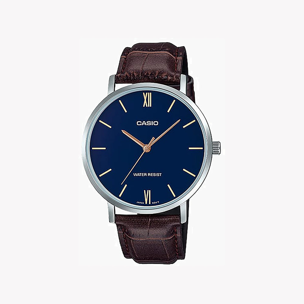 Casio Men's Blue Dial Watch, Brown Leather Band | Mtp-Vt01l-2b by i-watch