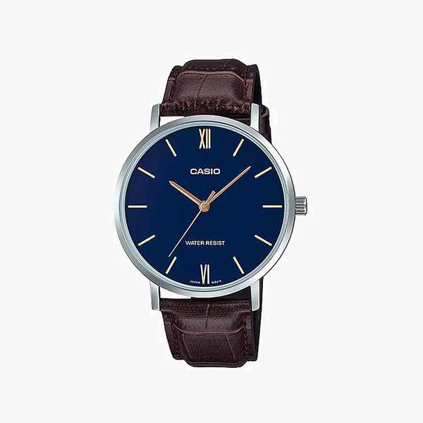 CASIO MTP-VT01L-2B STUNNING BLUE DIAL - ELEGANT MEN'S TIMEPIECE WITH LEATHER BAND