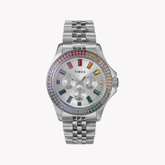 Timex Kaia Multifunktions-Damenuhr, komplett silberfarben mit Regenbogenkristall-Akzenten und silbernem Zifferblatt, TW2W33000