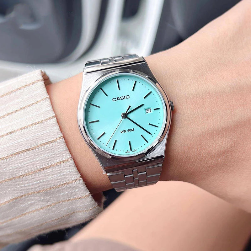 Casio Men's Silver Watch, Cyan Dial | Mtp-B145d-2a1v by i-watch