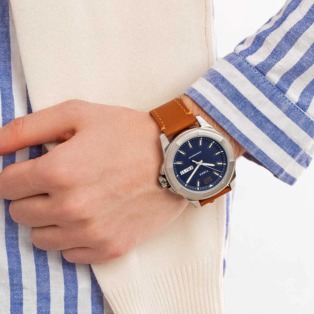 Timex City Collection Tw2u15000 - Elegant Esssex Avenue Men's Watch With Brown Leather Band & Blue Dial by i-watch