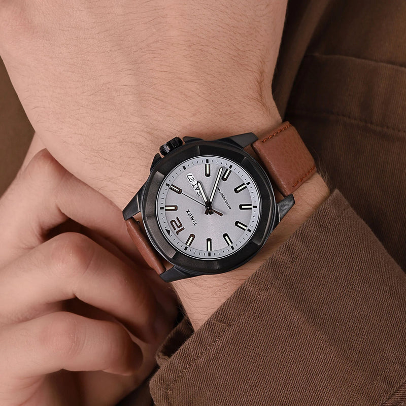 Timex Men's Brown Leather Watch, Gray Dial | Tw2u82200