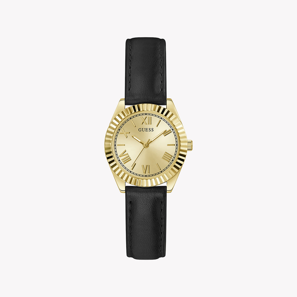 GUESS GW0761L1 - ELEGANT CHARM SERIES Women's Watch with Gold Case and Champagne Dial on Black Leather Band