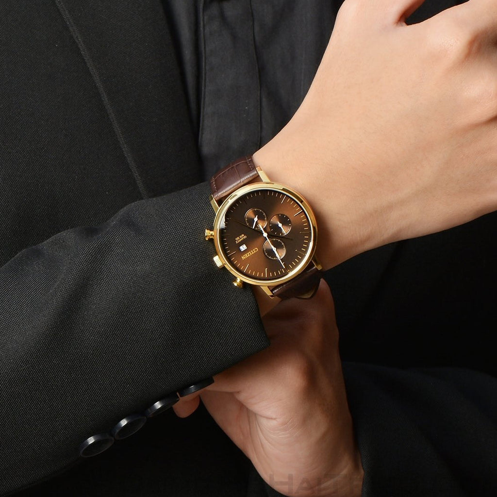 CITIZEN AN3612-09X - BOLD DISTINCTION MEN'S CHRONOGRAPH WATCH IN GOLD & BROWN LEATHER-i-Watch-4
