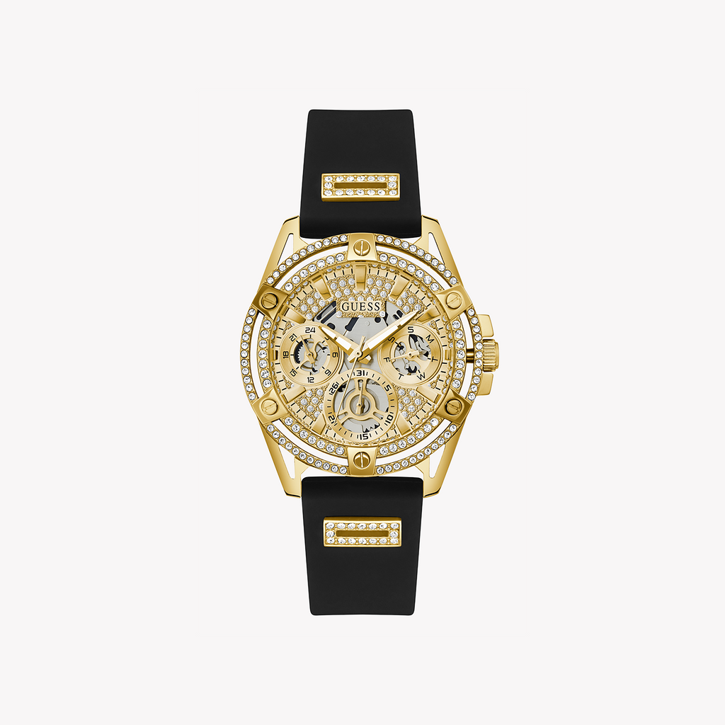 GUESS GW0536L3 GOLD RADIANCE - VIBRANT WOMEN'S WATCH WITH CHAMPAGNE DIAL & BLACK SILICONE BAND