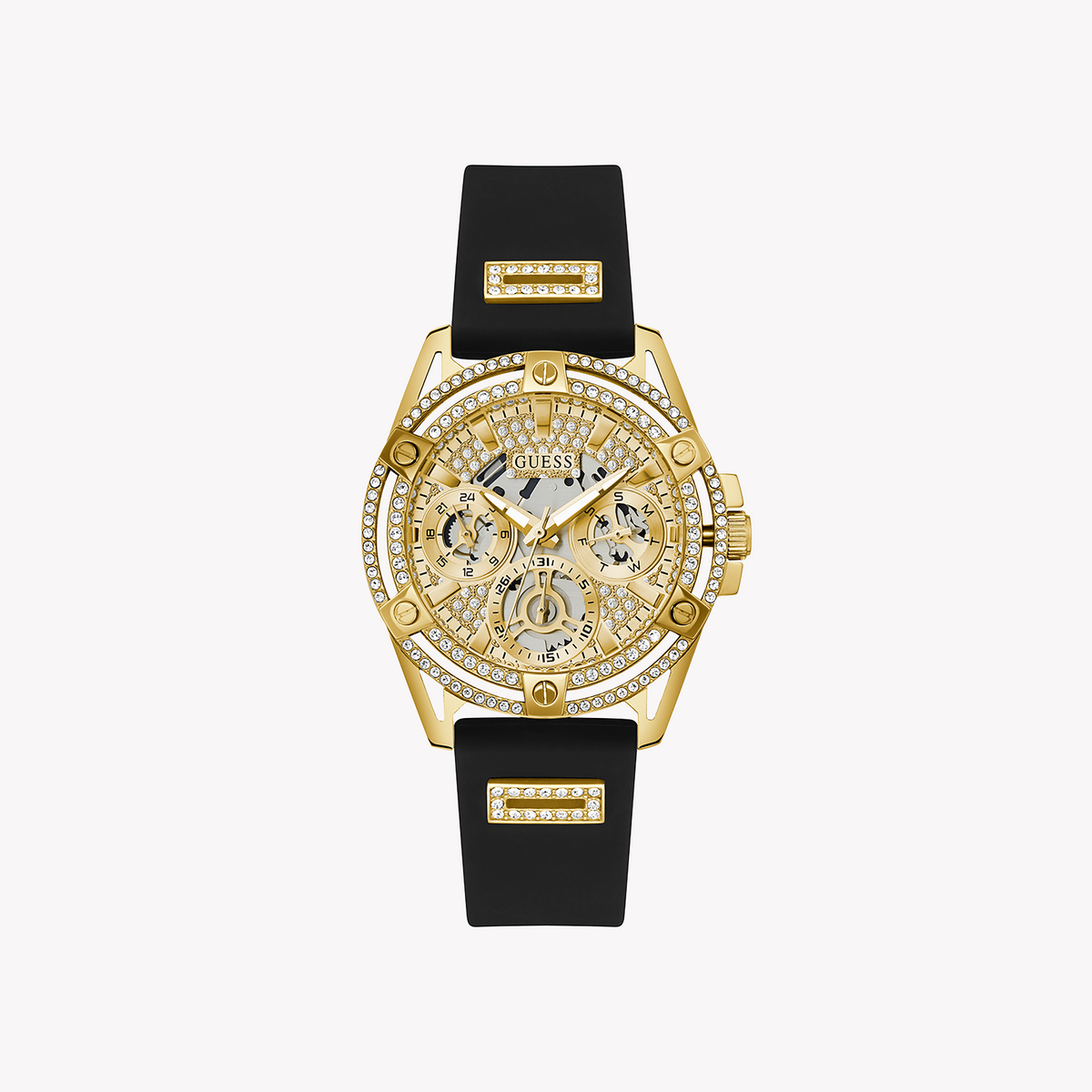 GUESS GW0536L3 GOLD RADIANCE - VIBRANT WOMEN'S WATCH WITH CHAMPAGNE DIAL & BLACK SILICONE BAND
