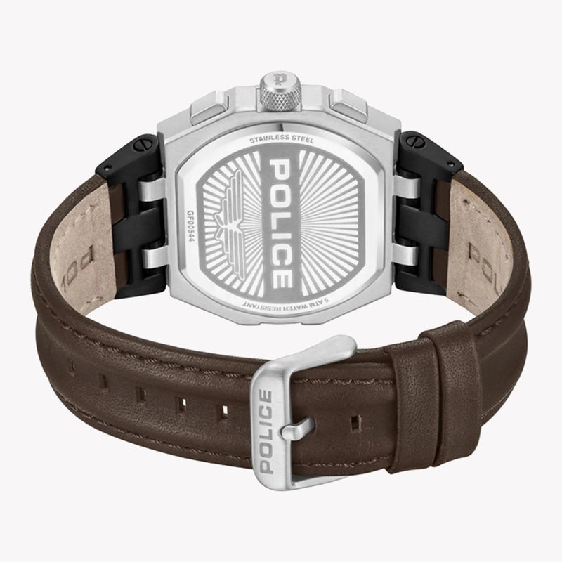 Police Watches Men's Silver Stainless Steel, Brown Silicone | Pewgf0054403 by i-watch