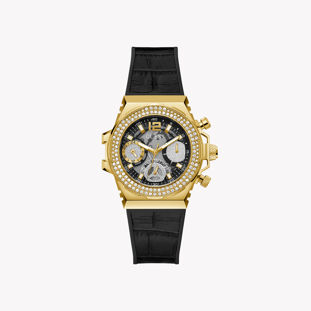 GUESS GW0553L4 - CHIC SOPHISTICATION TIMEPIECE: GOLD STAINLESS STEEL & BLACK SILICONE BAND