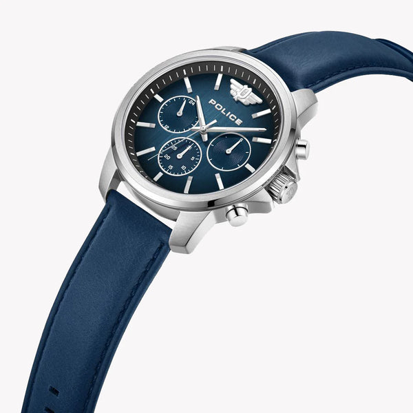 Police Watches Men's Silver & Dark Blue Leather | Pewjf0006301 by i-watch