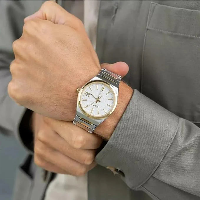 Seiko Men's Silver & Gold Watch, White Dial | Sur558p1 by i-watch