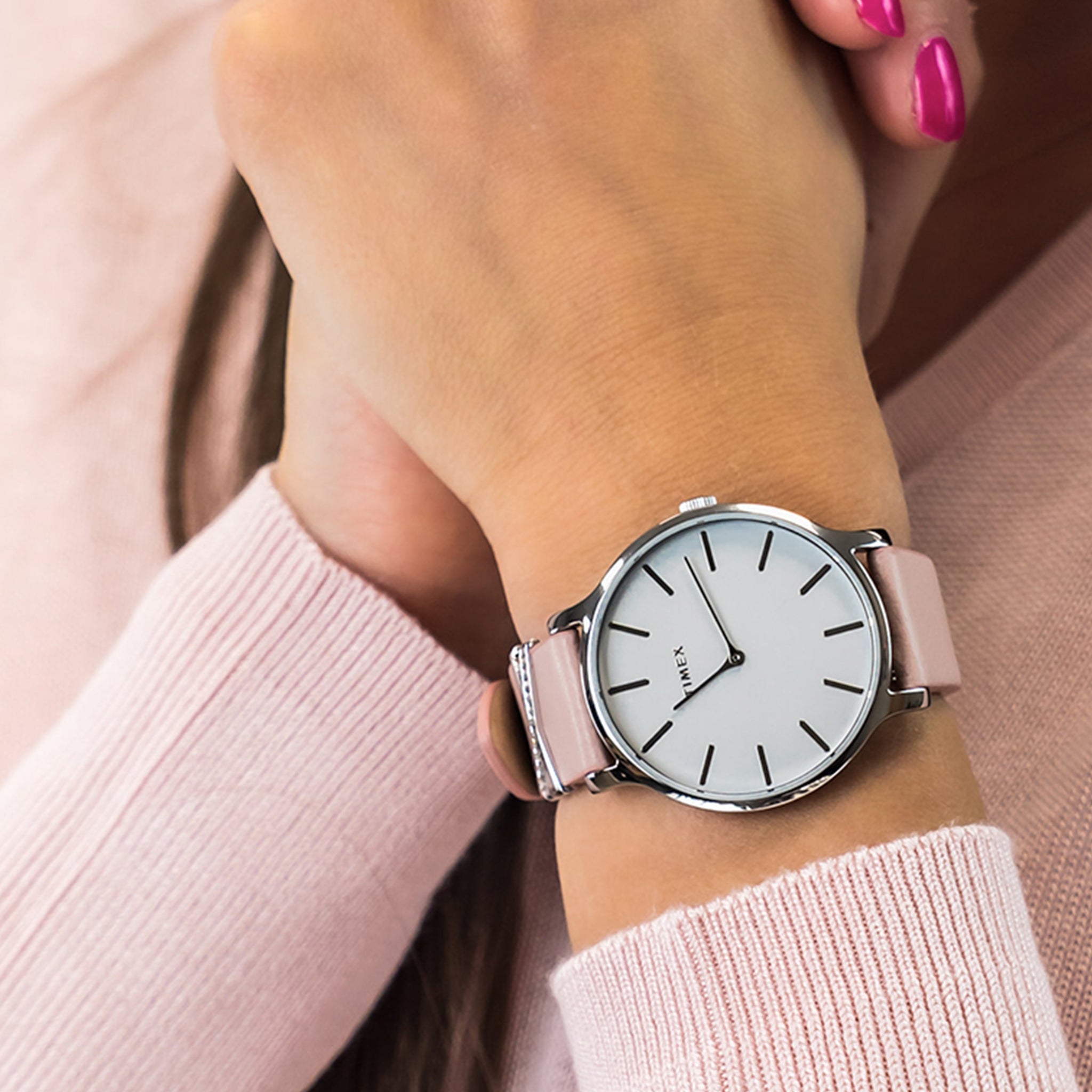 Timex Women's Pink Leather Watch, White Dial | TW2T47900