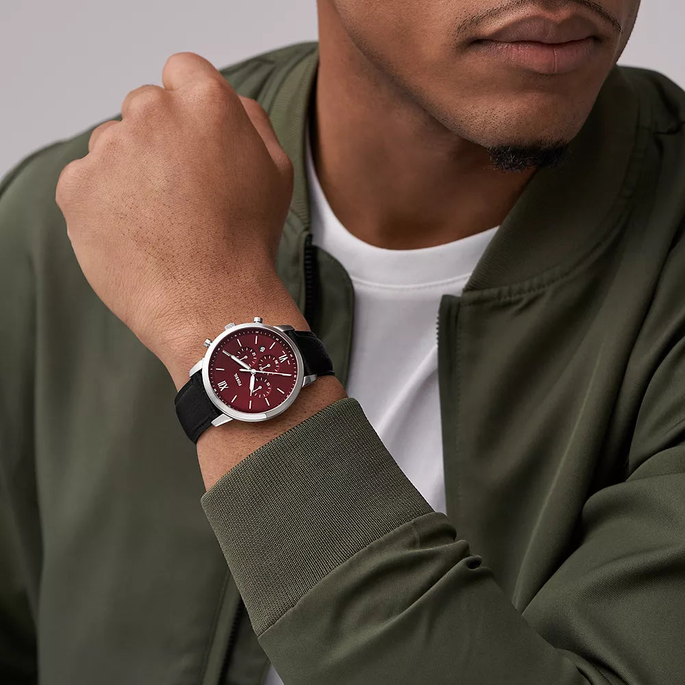 FOSSIL FS6016 TIMELESS ELEGANCE - MEN'S WATCH WITH BURGUNDY DIAL & BLACK LEATHER BAND-i-Watch-4