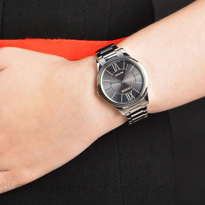 Citizen Eco-Drive Em0410-58e - Modern Elegance - Sustainable Women's Watch With Silver Band & Black Dial by i-watch