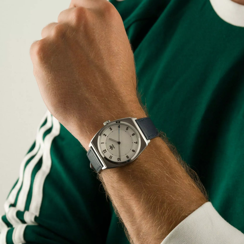 Adidas Unisex Silver Stainless Steel & Navy Blue Leather Watch | Aosy22030