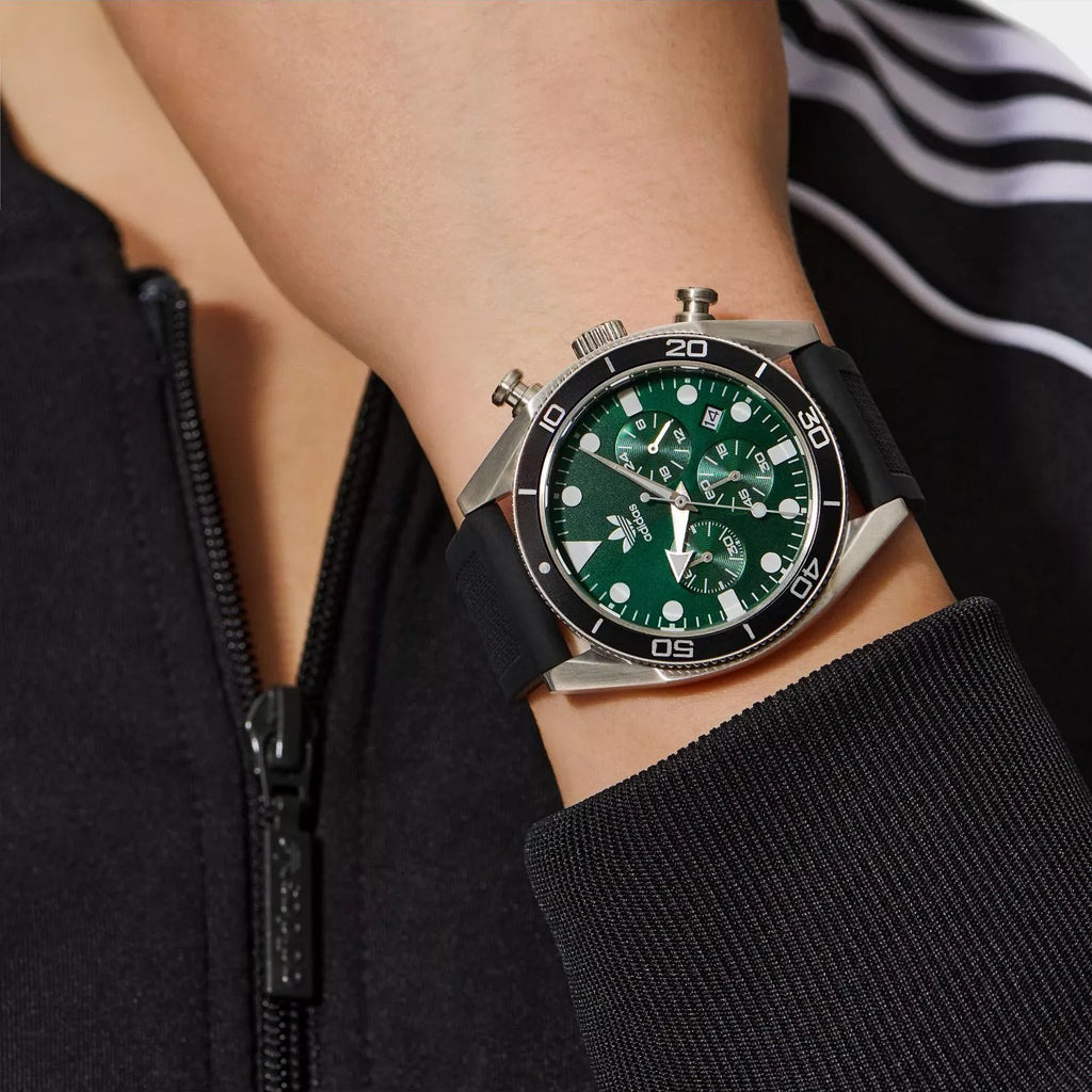 Adidas Men's Silver/Black Silicone Watch, Green Dial | Aofh23005