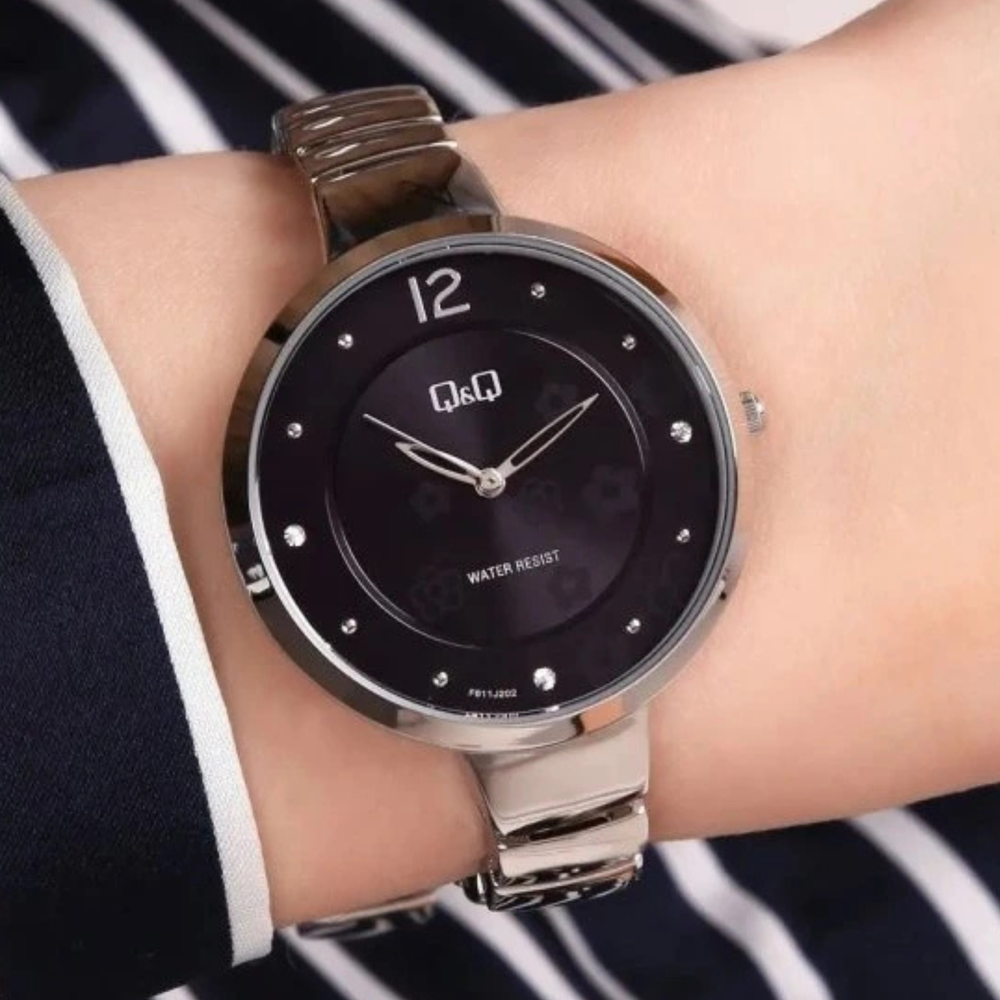 Q&Q Women's Silver Watch, Black Dial | F611J202Y