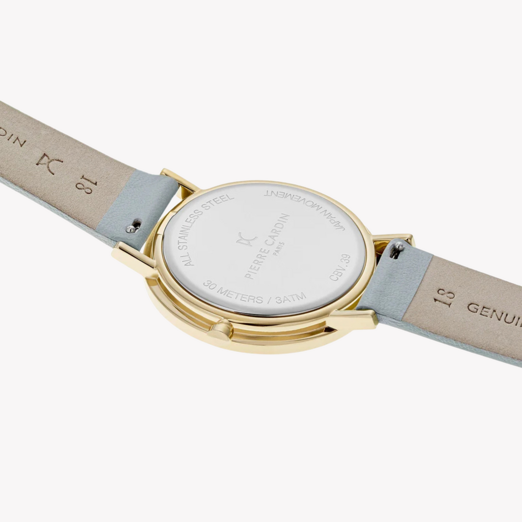 PIERRE CARDIN Damenuhr mit goldenem Edelstahlgehäuse und mintgrünem Lederarmband