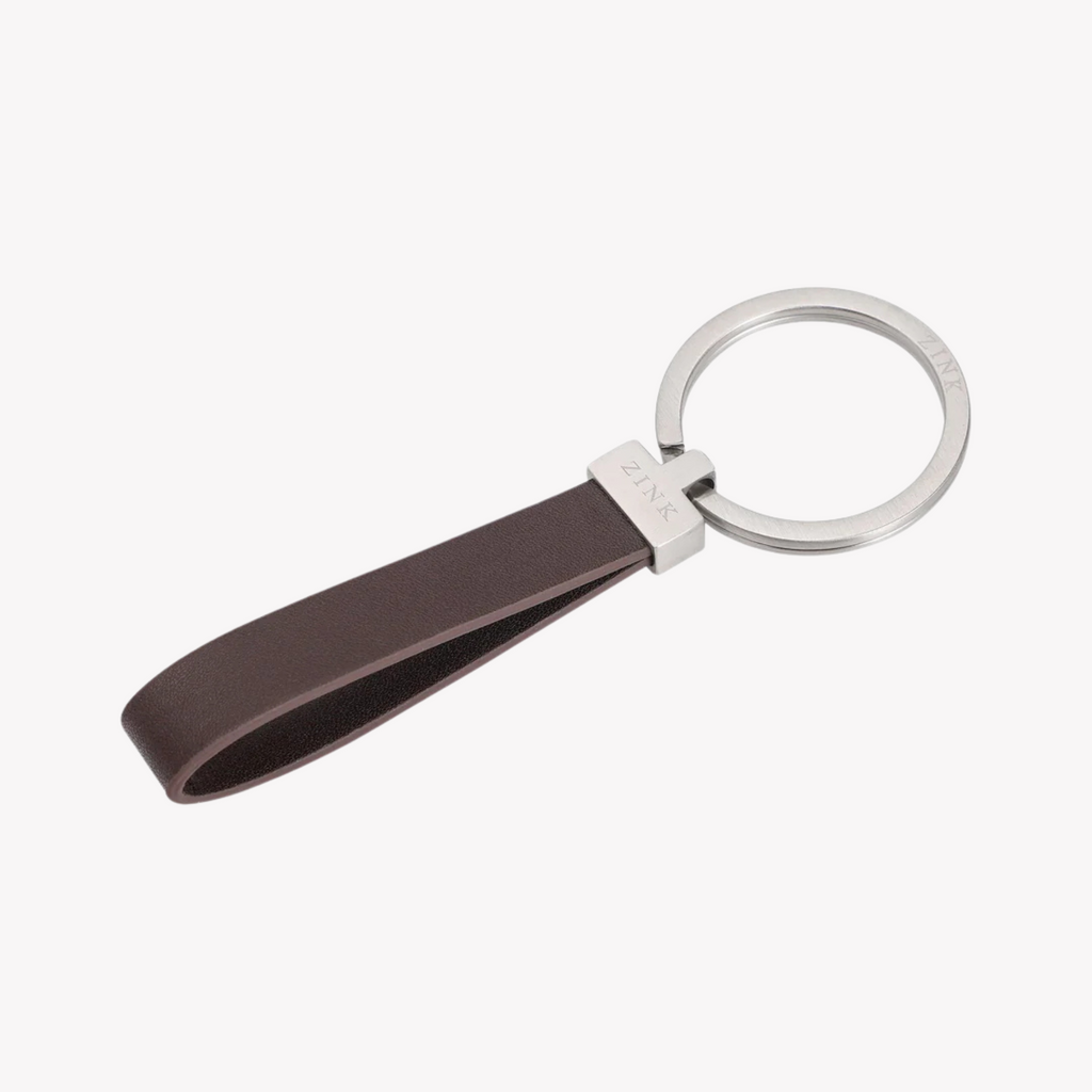 Zink Keychain - Brown & Silver - Stainless Steel & Leather | Zjkc009br