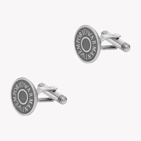 Emporio Armani Men's Silver & Gunmetal Cufflinks, Logo Engraved | EGS3095040