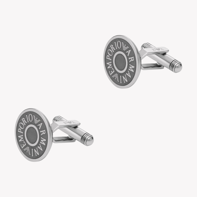 Emporio Armani Men's Silver & Gunmetal Cufflinks, Logo Engraved | EGS3095040