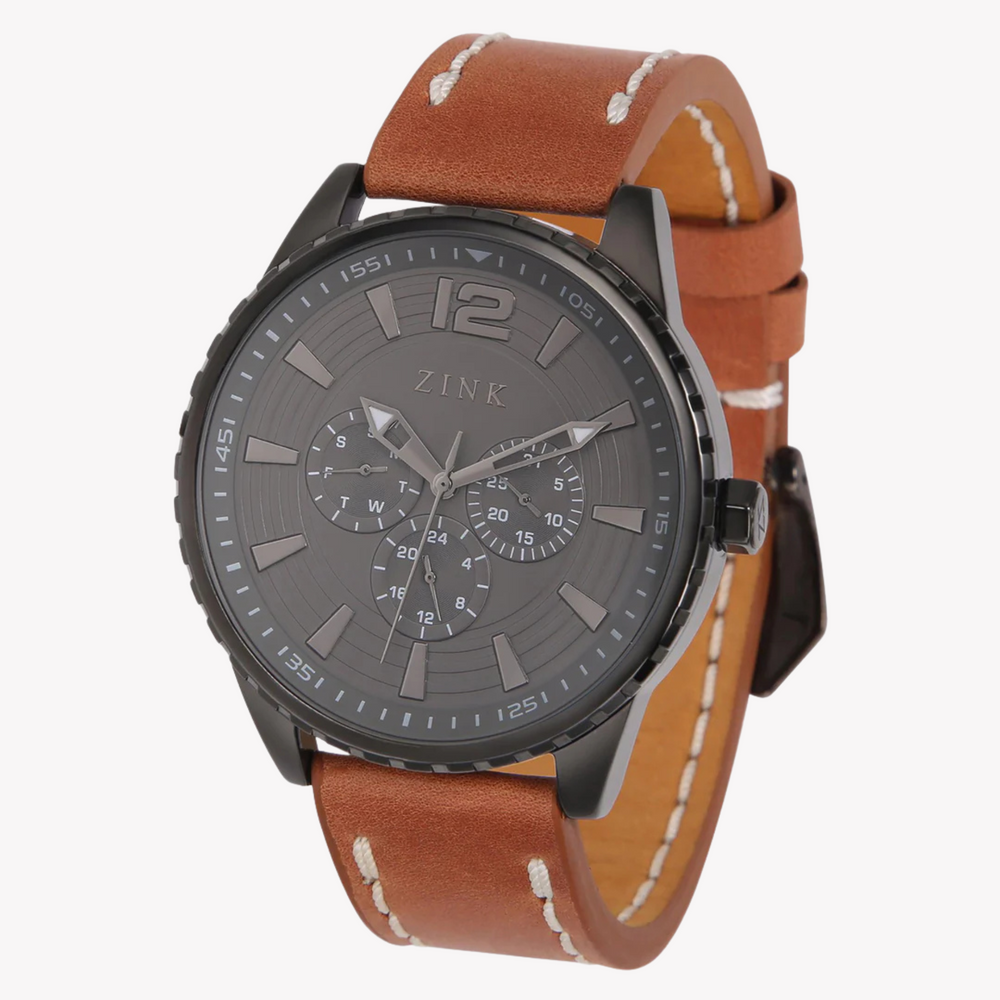 Zink Men's Black Stainless Steel & Brown Leather Watch | Zk131g2ls-92 by i-watch