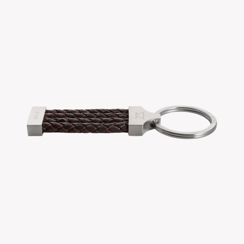 Zink Keychain - Brown & Silver - Stainless Steel & Leather | Zjkc008br