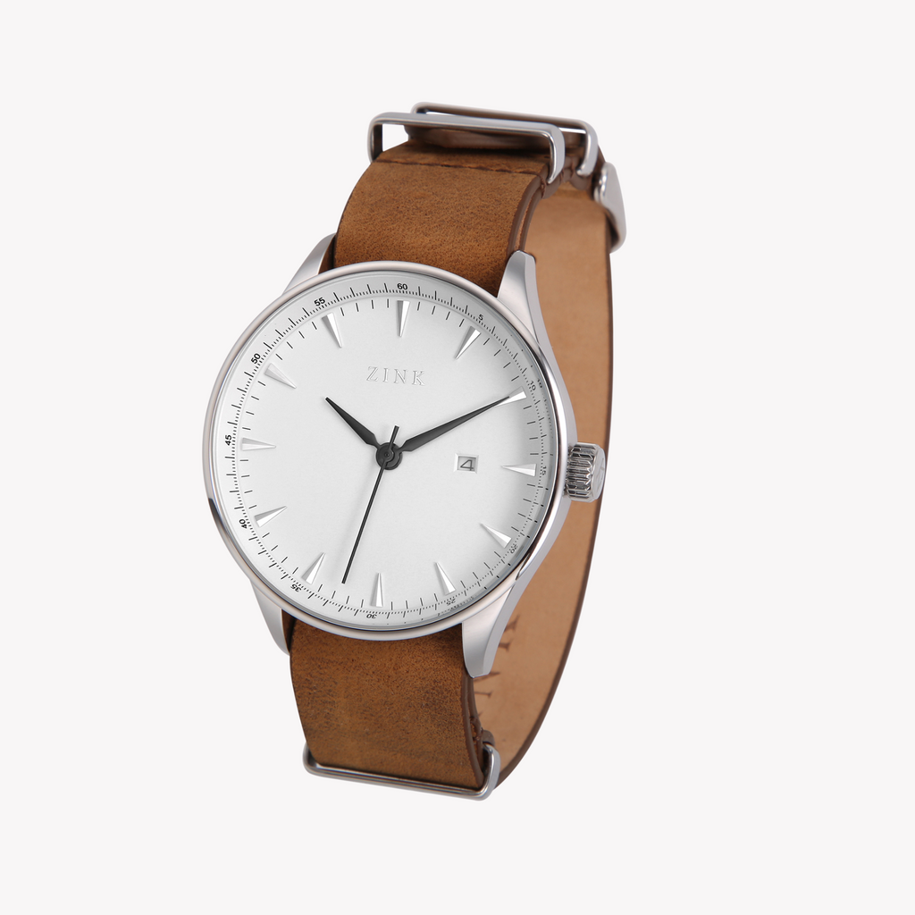 Zink Men's Silver Stainless Steel Watch With Brown Leather Band | Zk127g1ls-12