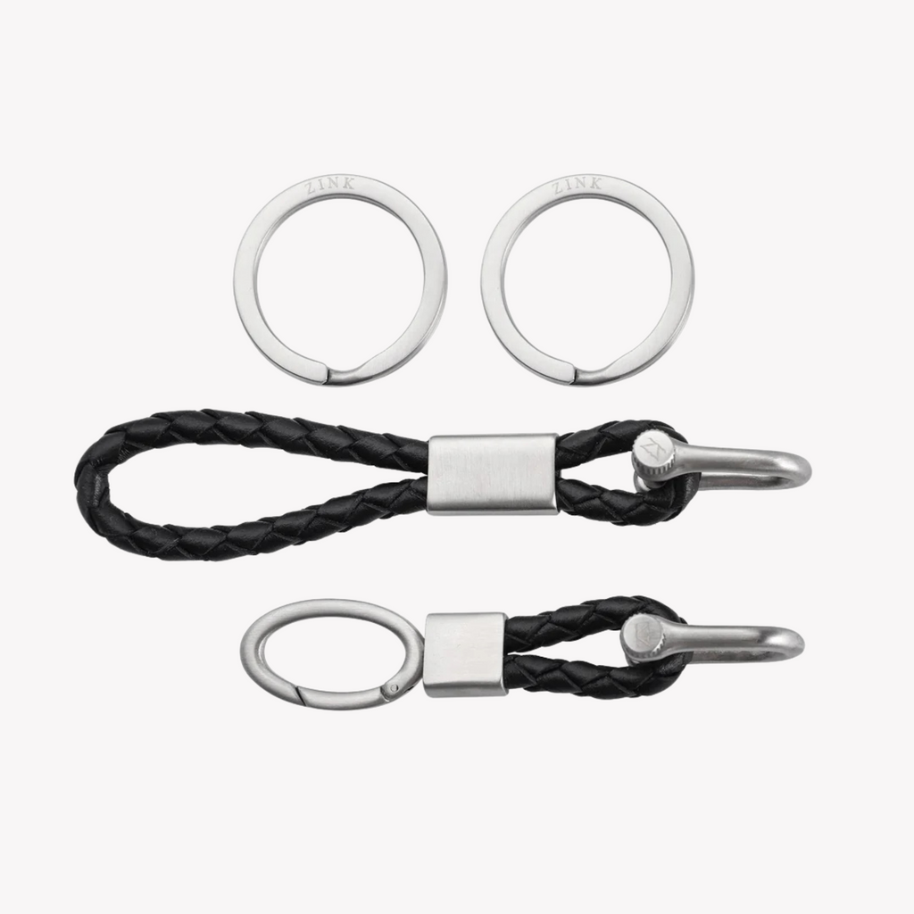 Zink Keychain - Silver & Black - Stainless Steel & Leather | Zjkc010b