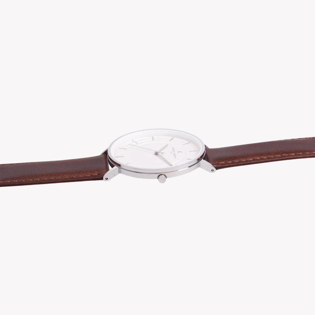 Pierre Cardin Men's Silver Watch, Brown Leather Band | Cbn.3031