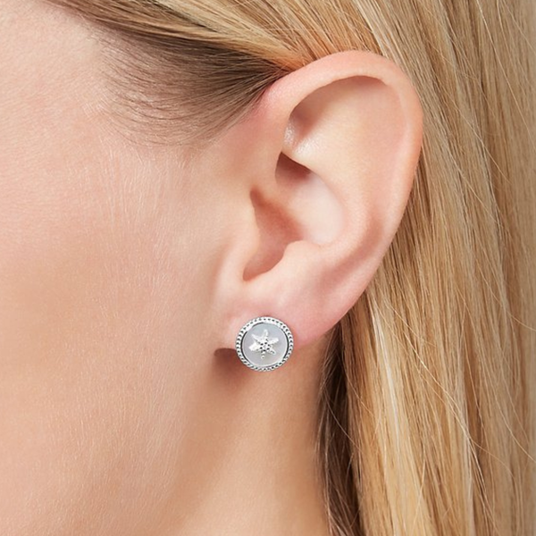 Fossil Women's Silver Stud Earrings, Mother of Pearl & Cubic Zirconia | JFS00500040