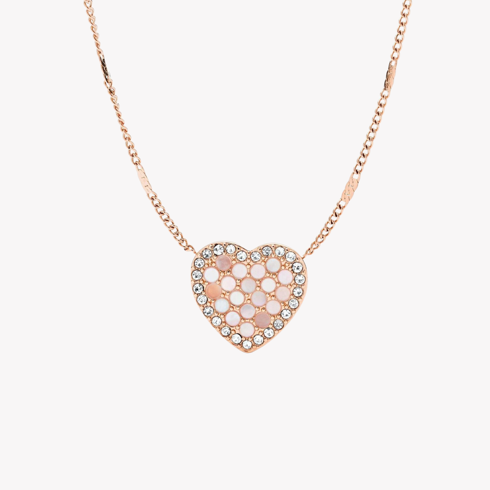 Fossil Women's Rose Gold Necklace, Mother Of Pearl & Crystal Heart Pendant | JF03164791