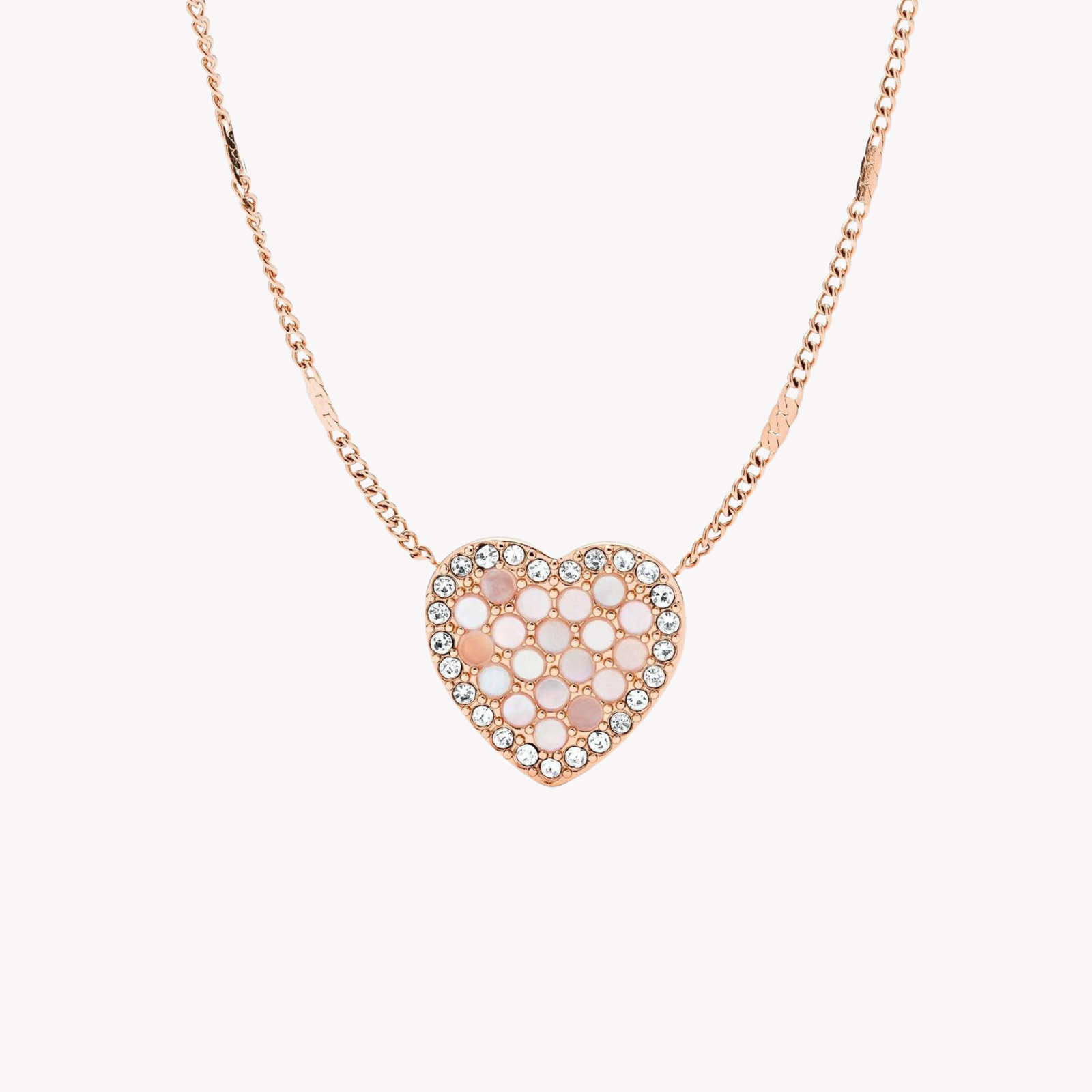 Fossil Women's Rose Gold Necklace, Mother Of Pearl & Crystal Heart Pendant | JF03164791
