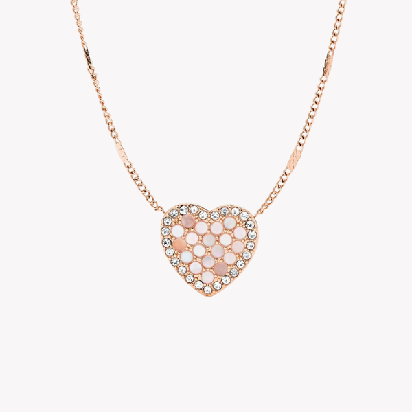 Fossil Women's Rose Gold Necklace, Mother Of Pearl & Crystal Heart Pendant | JF03164791