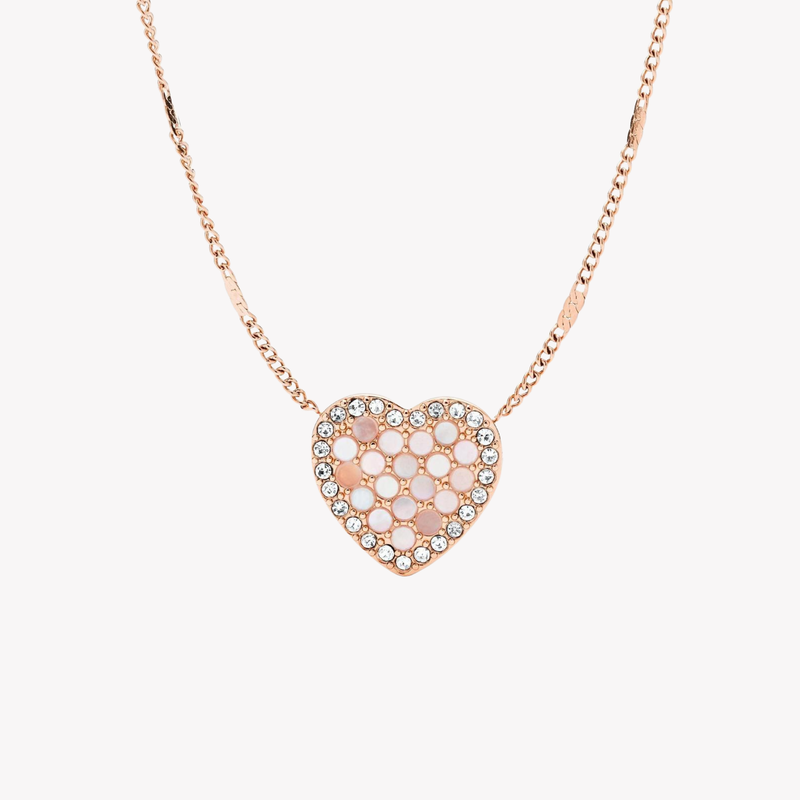 Fossil Women's Rose Gold Necklace, Mother Of Pearl & Crystal Heart Pendant | JF03164791