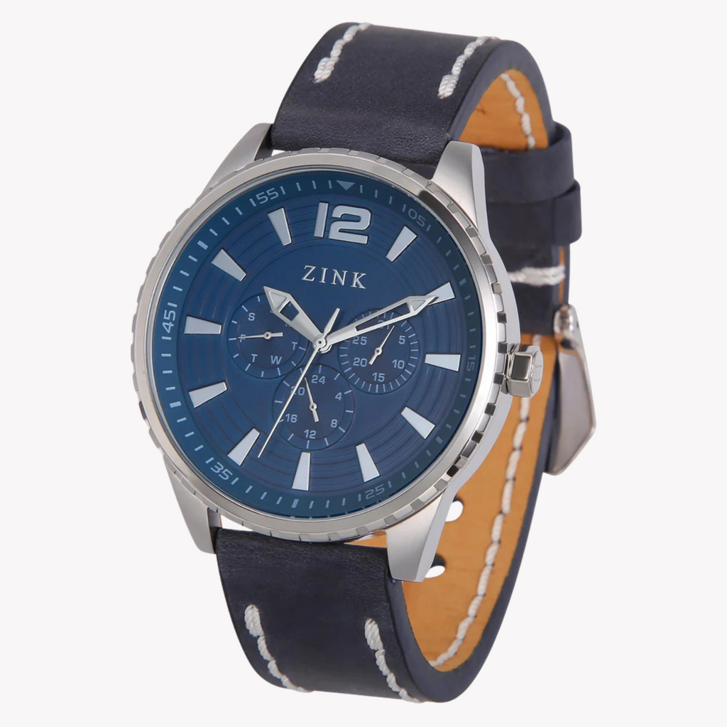 Zink Men's Silver Stainless Steel & Blue Leather Watch | Zk131g2ls-4141