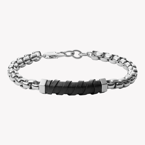 Fossil Men's Silver & Black Bracelet, Black Leather Accents | JF03631040