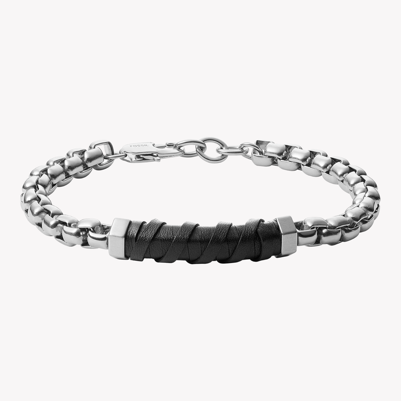 Fossil Men's Silver & Black Bracelet, Black Leather Accents | JF03631040