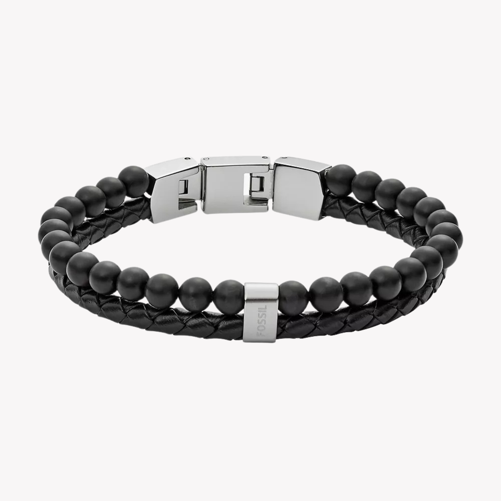 Fossil Men's Black & Silver Bracelet, Beaded Multi-Strand | JF02763040