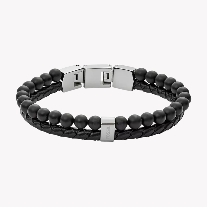 Fossil Men's Black & Silver Bracelet, Beaded Multi-Strand | JF02763040