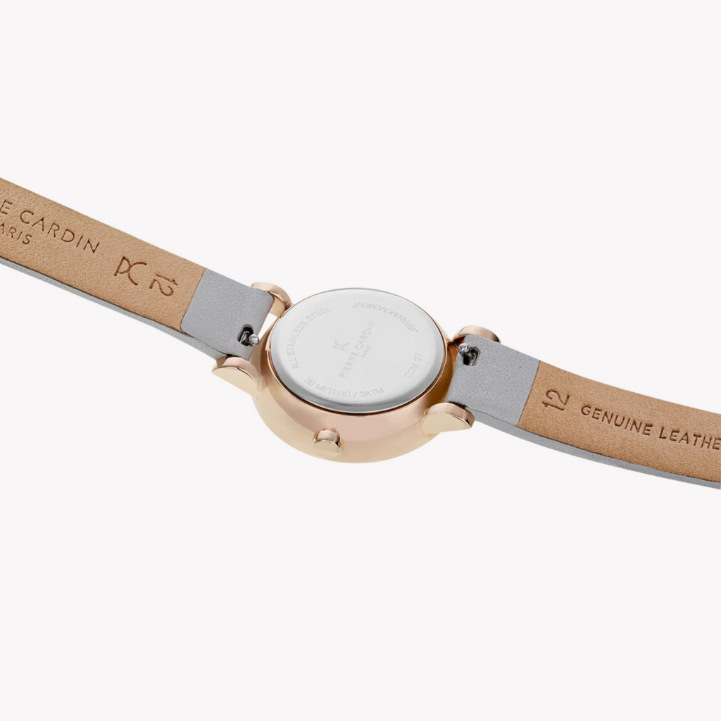 Montre femme PIERRE CARDIN avec boîtier en acier inoxydable or rose et bracelet en cuir gris