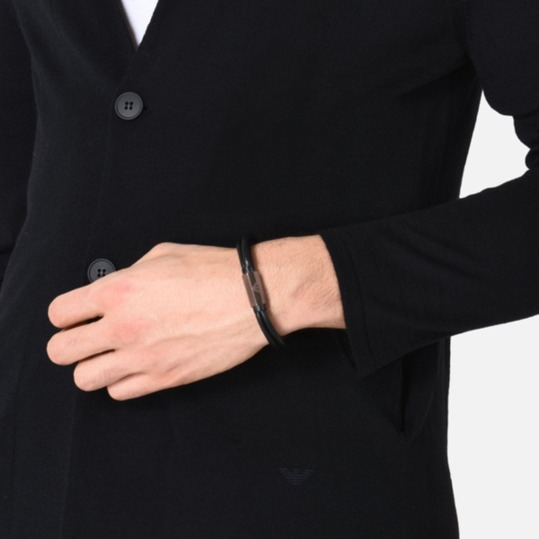 Emporio Armani Men's Black & Rose Gold Bracelet, Leather & Eagle Logo | EGS2434200