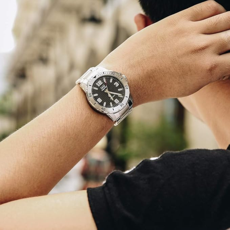 Q&Q Men's Silver Watch, Black Dial | S372J205Y