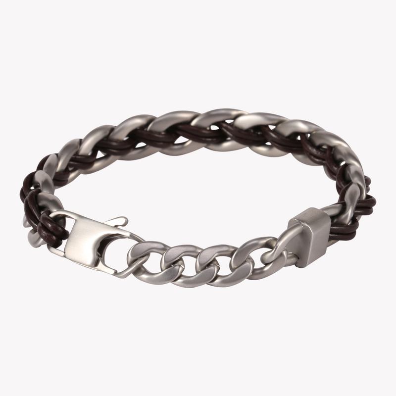 Zink Men's Silver & Brown Stainless Steel & Leather Bracelet | Zjbc008slbw