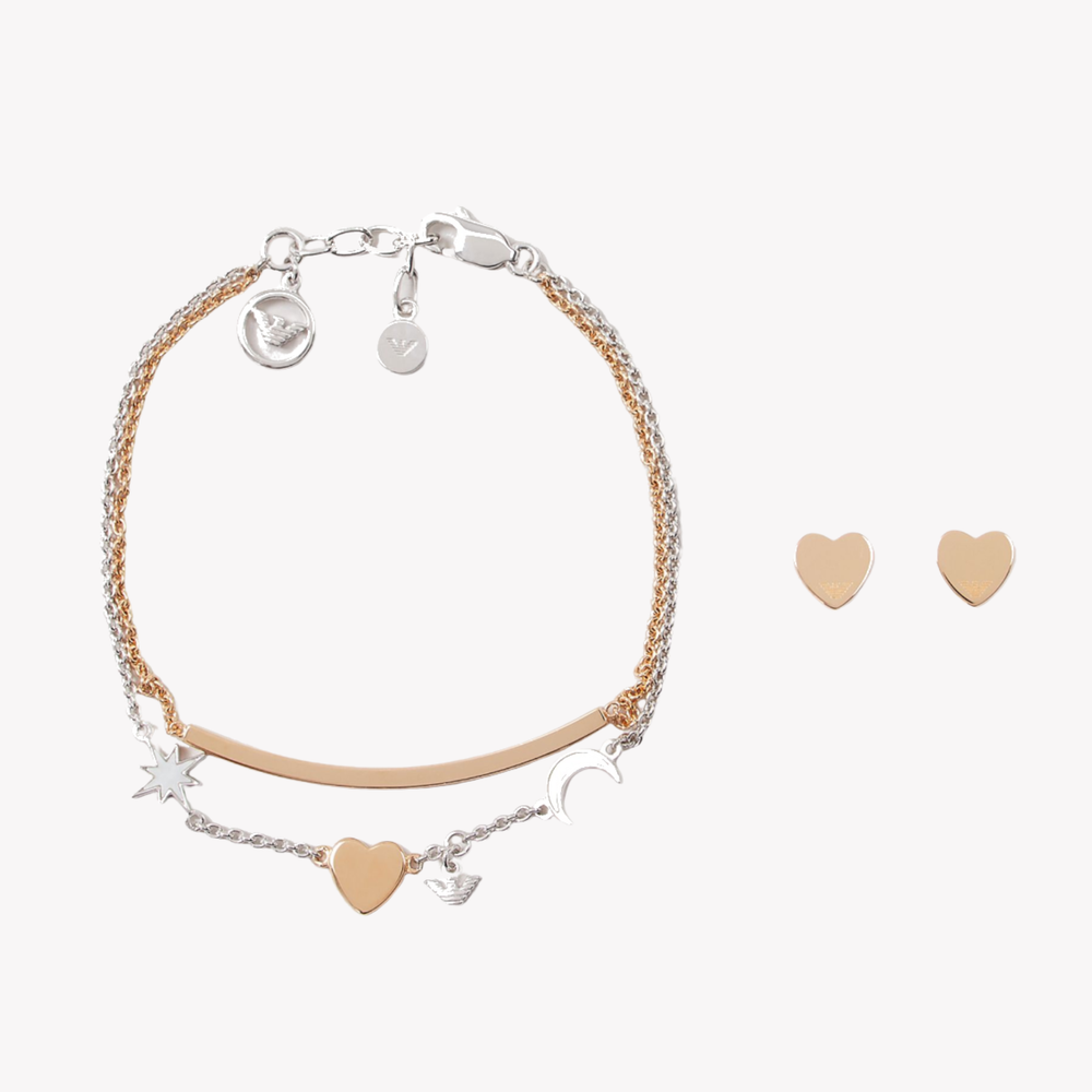 Emporio Armani Women's Silver & Rose Gold Jewelry Set, Mother of Pearl Heart Charms | EG3417221