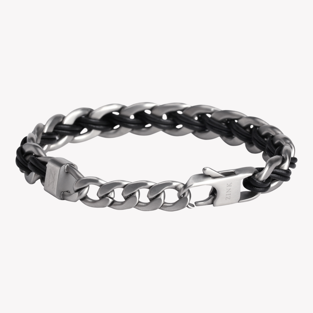 Zink Men's Silver & Black Stainless Steel & Leather Bracelet | Zjbc008slb-L