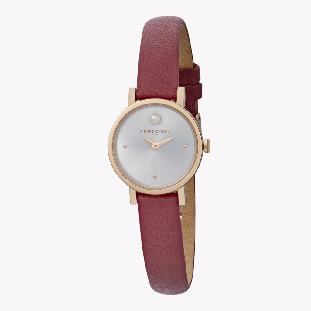 Pierre Cardin Women's Burgundy Leather Watch, Silver Dial | Ccm.0507