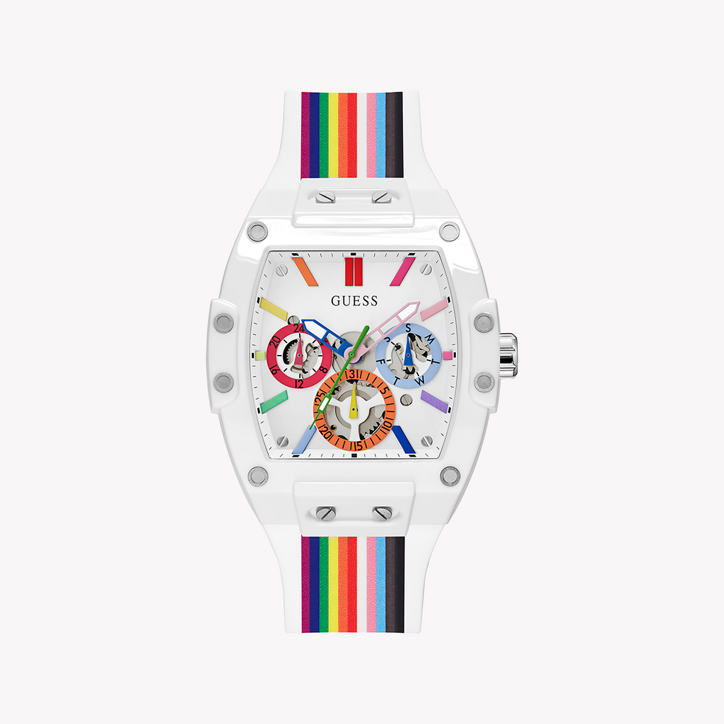GUESS GW0720G1 VIBRANT SPIRIT - UNISEX WATCH WITH RAINBOW SILICONE BAND AND WHITE DIAL