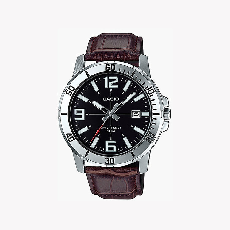 CASIO MTP-VD01L-1BVUDF SPORTY ELEGANCE - MEN'S STYLISH TIMEPIECE WITH LEATHER BAND & BLACK DIAL