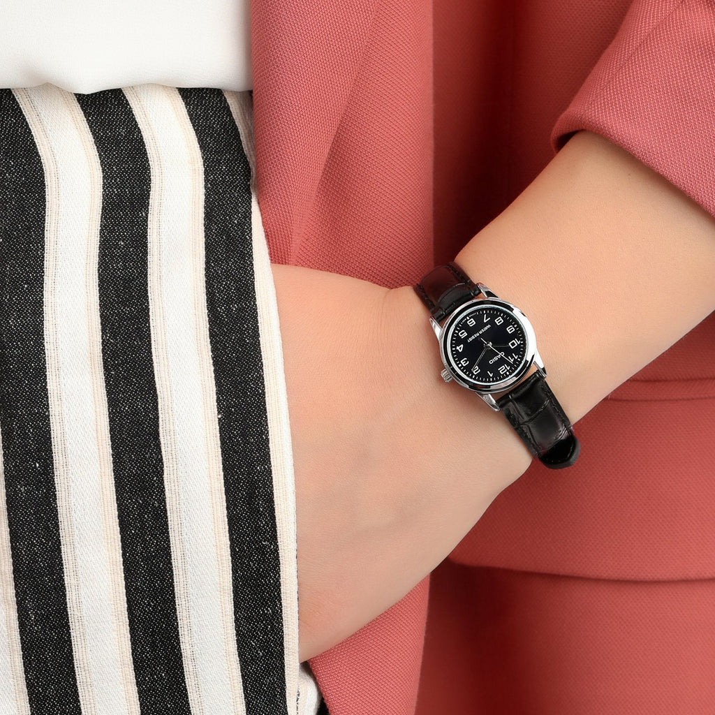 CASIO Women's Watch with Silver Stainless Steel Case and Black Leather Band-i-Watch-2